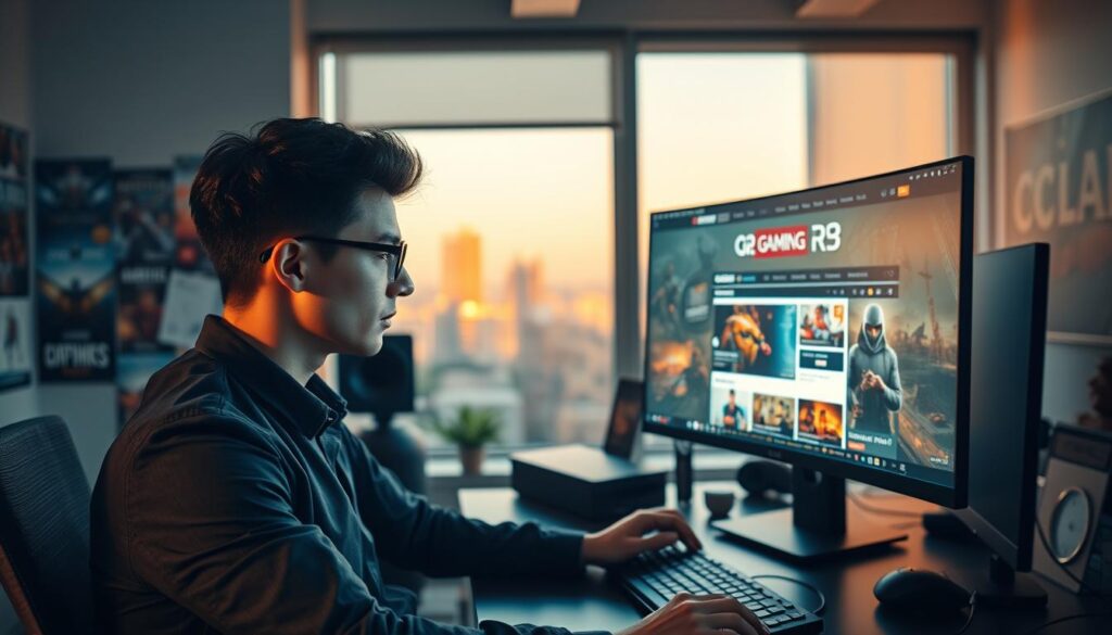 A modern digital workspace featuring a sleek computer setup displaying a vibrant gaming news website, symbolizing current information access. In the foreground, a focused young professional in smart casual attire, deeply engaged with the screen, showcasing a sense of enthusiasm and concentration. The middle ground highlights an array of gaming posters and gadgets, creating an immersive tech atmosphere. The background features a window with a cityscape illuminated by warm, ambient light, suggesting a late afternoon setting. Soft overhead lighting enhances the modern feel while casting gentle shadows. The overall mood is energetic and inspiring, capturing the essence of staying up-to-date with the latest in gaming news.