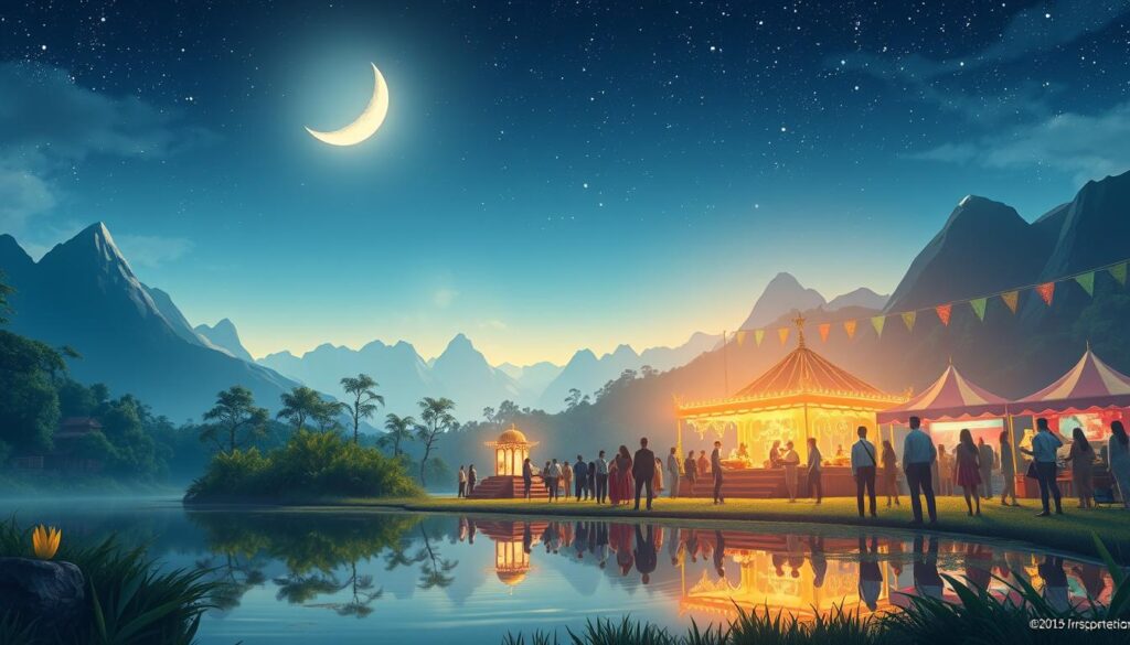 A vibrant digital illustration of a serene, enchanting moonlit landscape that embodies the essence of "BULAN SABIT 77." In the foreground, a reflective lake mirrors a crescent moon glowing softly above, surrounded by lush greenery. The middle ground showcases a fantasy-themed festival with people of diverse ethnicities in professional and casual attire, joyfully participating in games and activities that symbolize winning free gacha prizes. The background features tall, mystical mountains under a starry sky, adding depth and magic to the scene. Emphasize a warm, inviting atmosphere with soft, diffused lighting to enhance the sense of community and excitement, using a wide-angle lens perspective to capture all elements harmoniously.